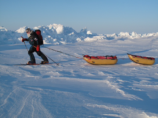 Victorinox north pole expedition, on the ice with gear in tow