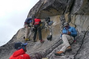 Climbers install equipment to measure glacial change adjacent to Khumbu Ice Fall. Photo: Apa Sherpa Foundation.