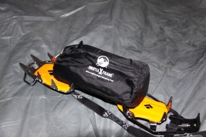 Klymit Inertia X Frame is compact. Shown on an inverted Black Diamond crampon.